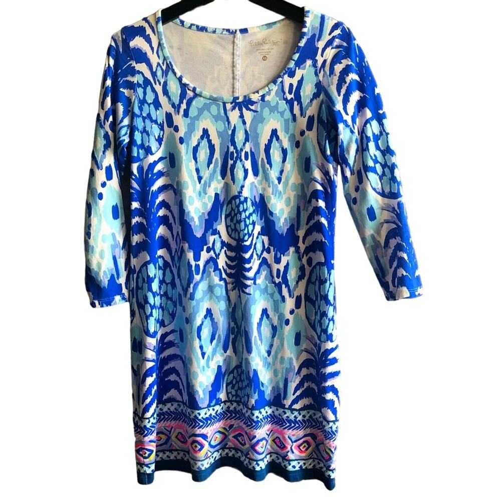 Lilly Pulitzer Blue Pineapple Geo Scoop Neck 3/4 Sleeve Shift Dress XS